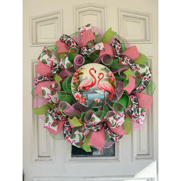 Pink Flamingo Mesh Ribbon Tropical Spring & Summer Wreath Front Door Hanger - Picture 1 of 7
